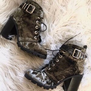 Green velvet chunky boots